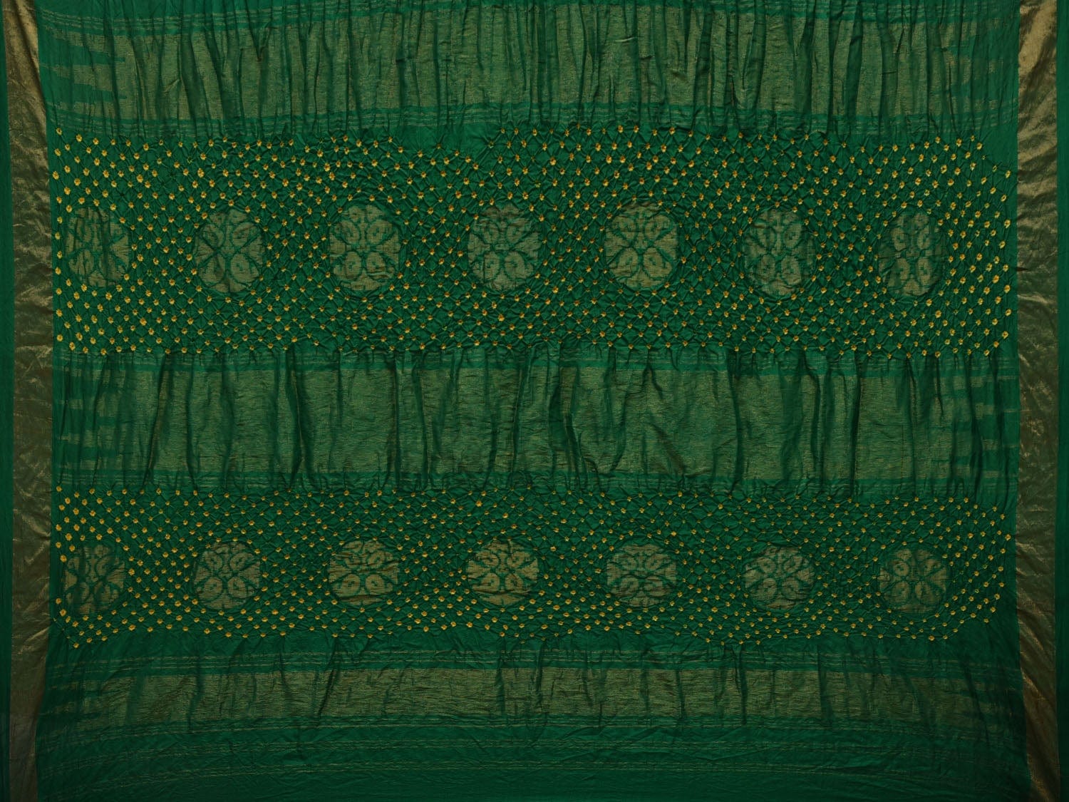 Red and Green Bandhani Uppada Silk Handloom Saree with Nilambari Buta Design - Global Threads