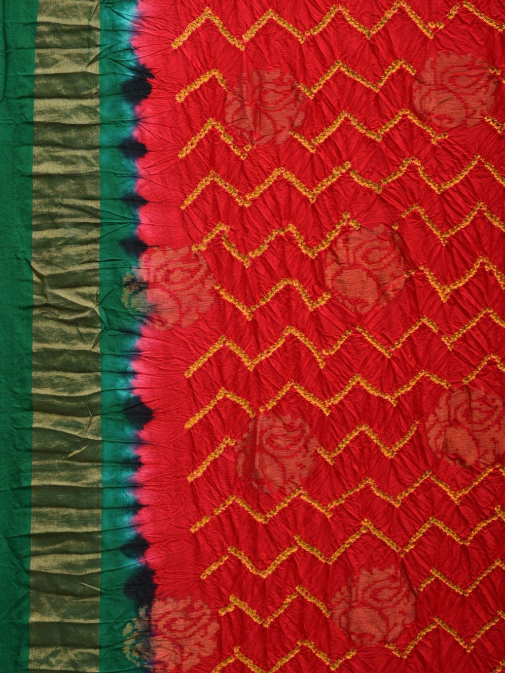 Red and Green Bandhani Uppada Silk Handloom Saree with Nilambari Buta Design - Global Threads