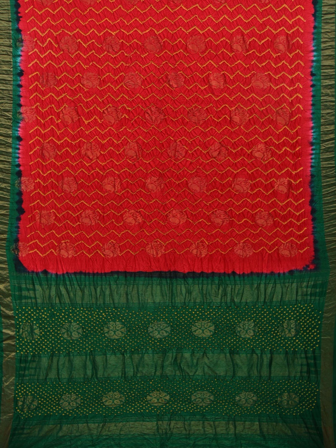 Red and Green Bandhani Uppada Silk Handloom Saree with Nilambari Buta Design - Global Threads