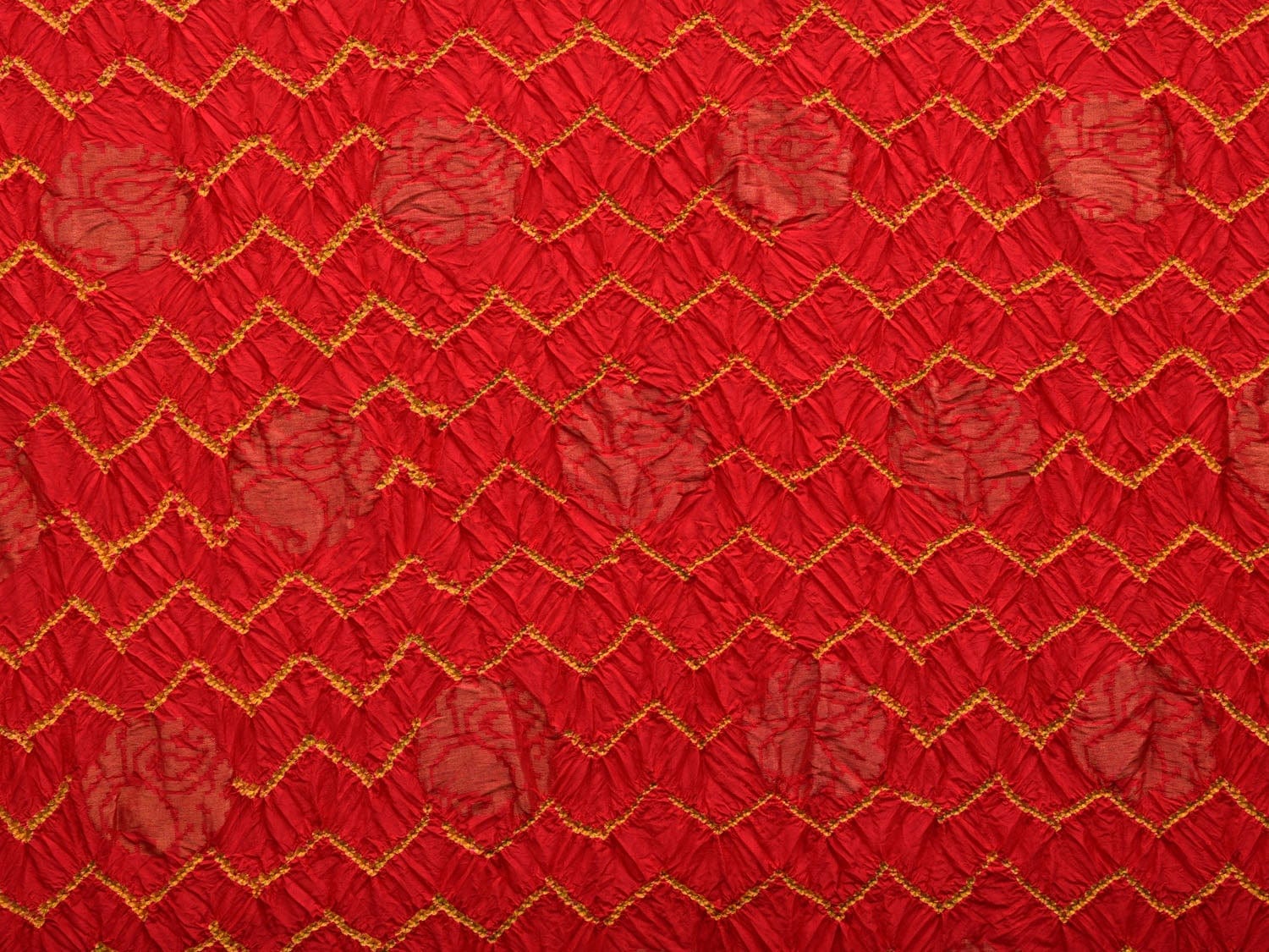Red and Green Bandhani Uppada Silk Handloom Saree with Nilambari Buta Design - Global Threads