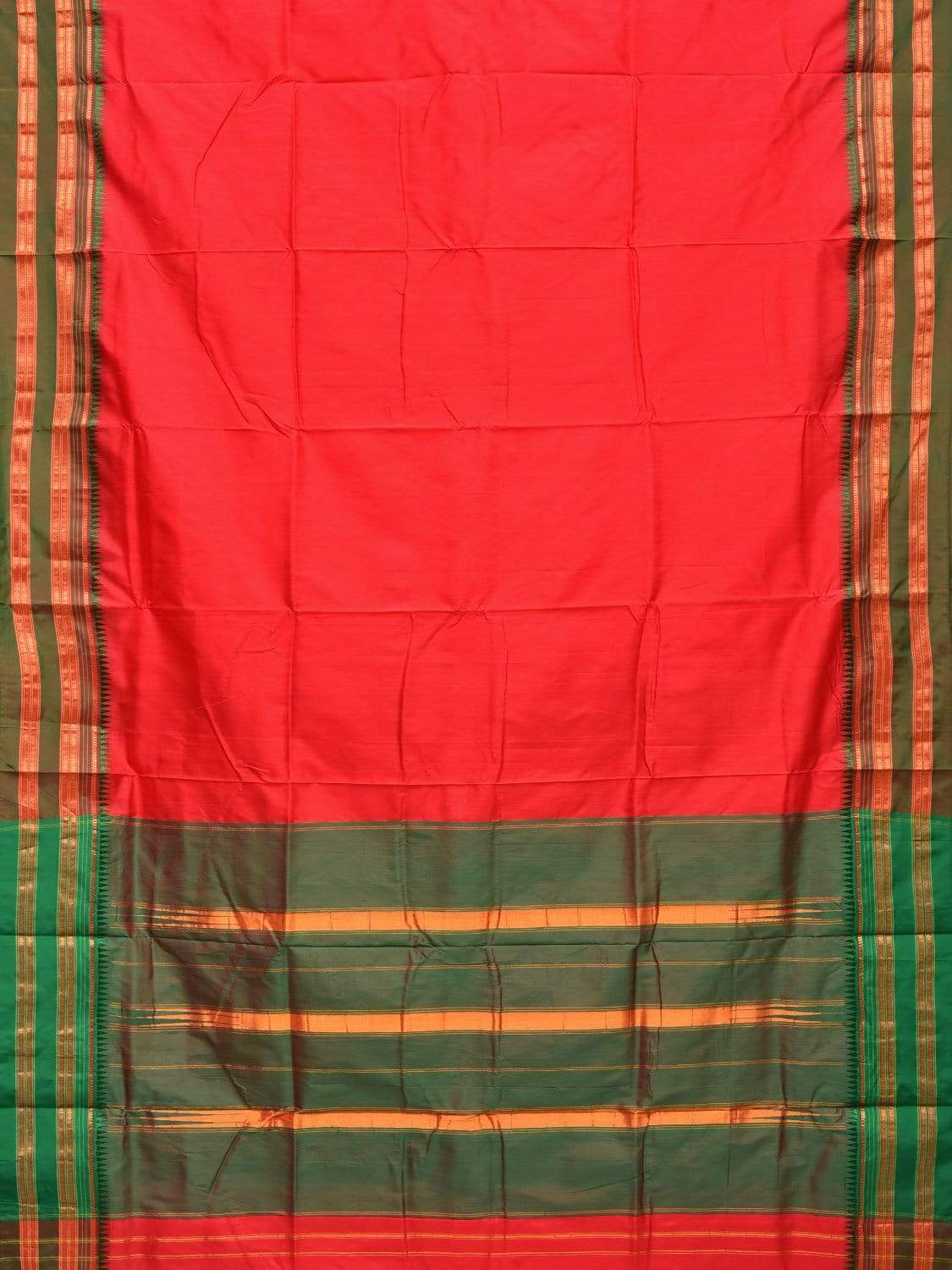 Red and Green Narayanpet Silk Handloom Plain Saree with Traditional Border Design No Blouse - Global Threads