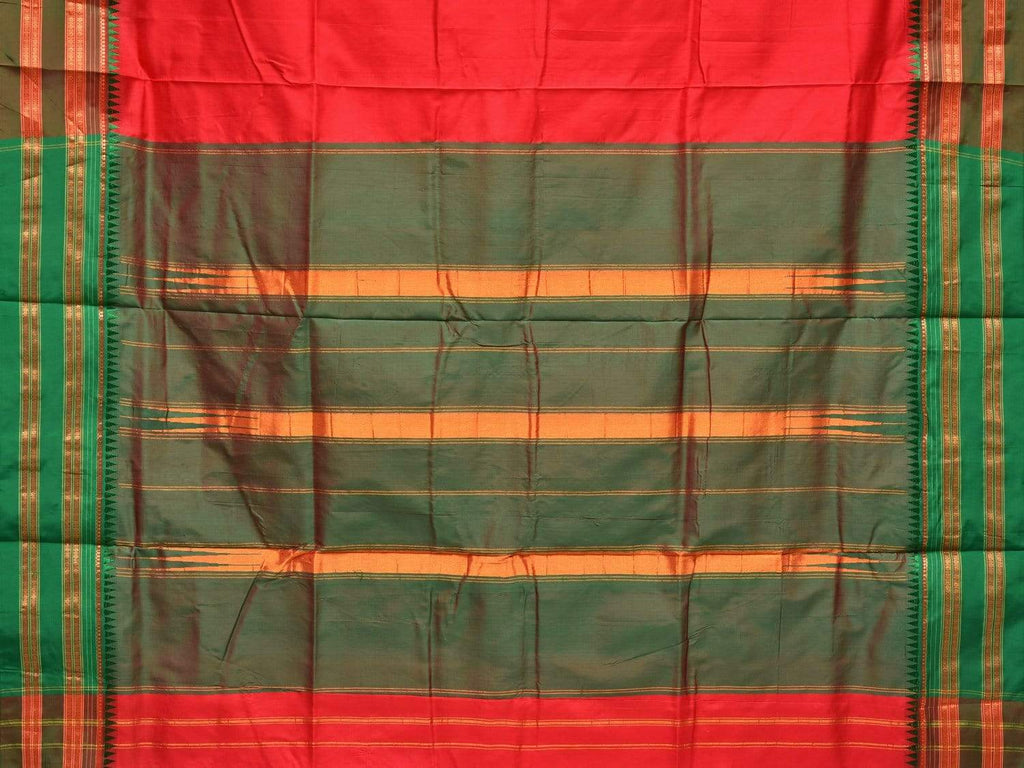 Red and Green Narayanpet Silk Handloom Plain Saree with Traditional Border Design No Blouse - Global Threads