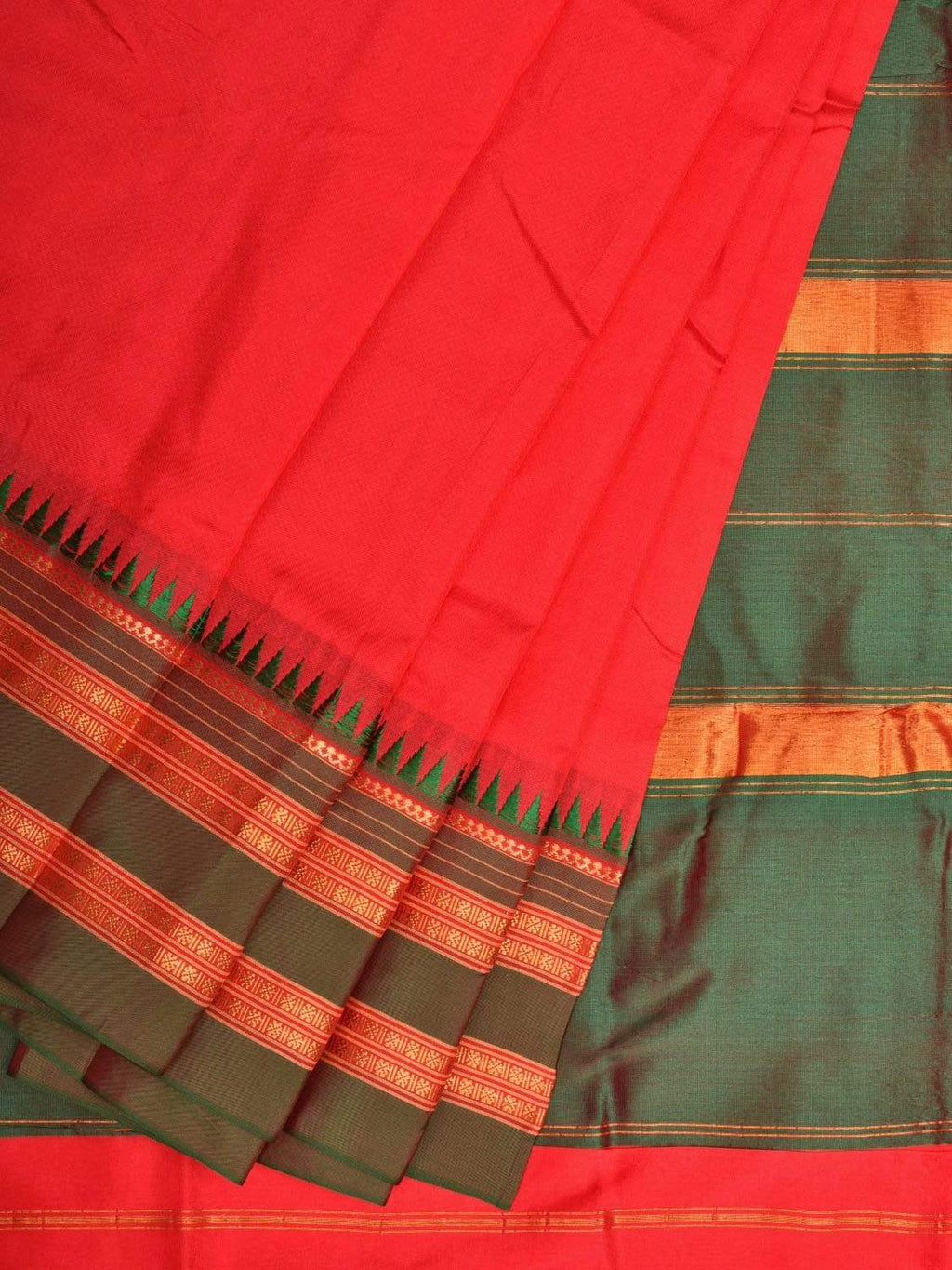 Red and Green Narayanpet Silk Handloom Plain Saree with Traditional Border Design No Blouse - Global Threads