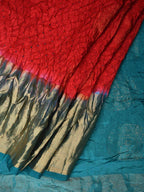 Red and Teal Bandhani Kanchipuram Silk Handloom Saree with Big Buta Design - Global Threads