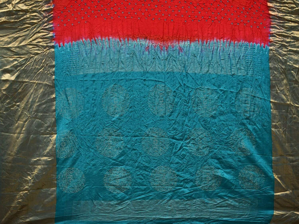Red and Teal Bandhani Kanchipuram Silk Handloom Saree with Big Buta Design - Global Threads