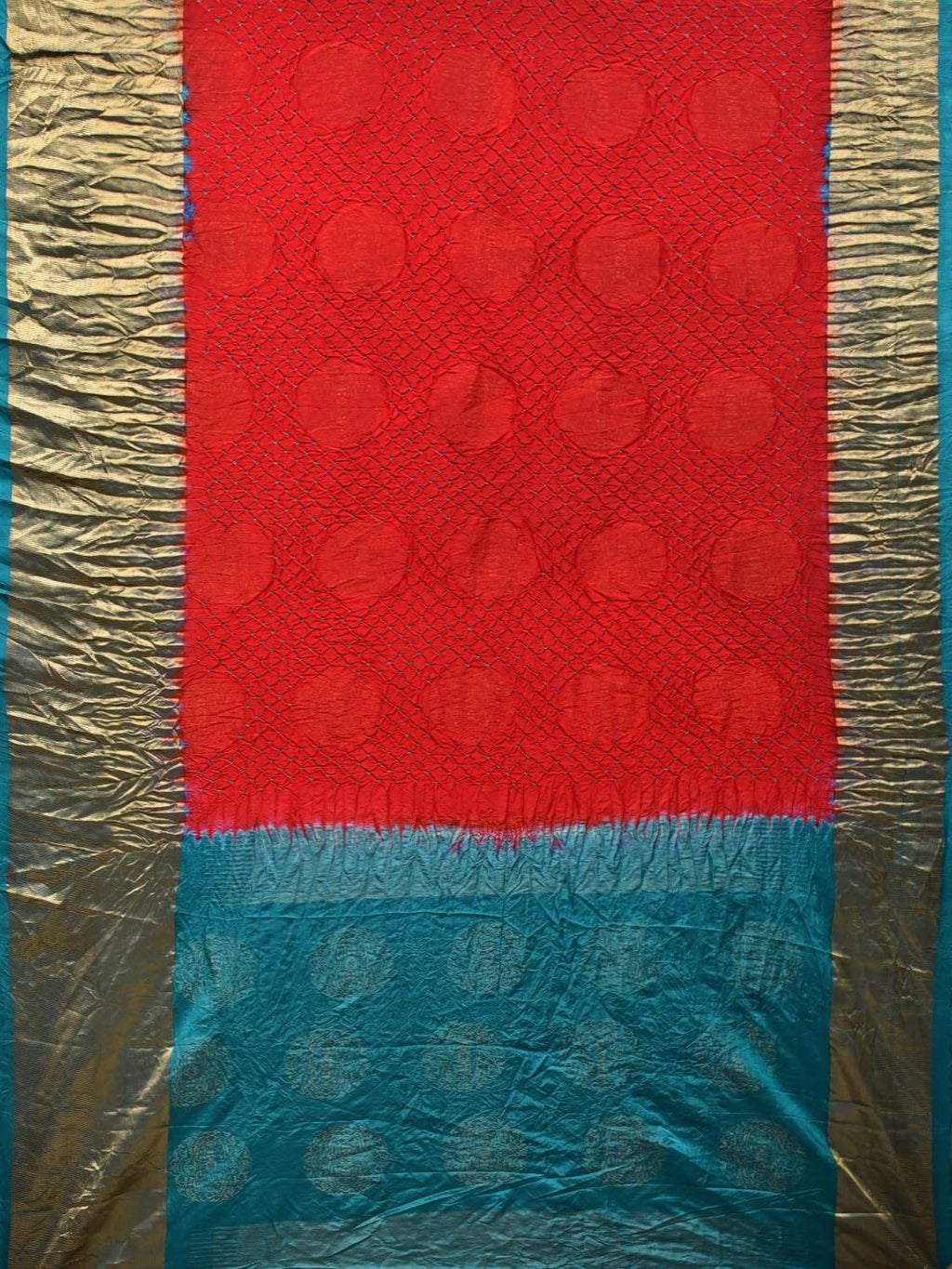 Red and Teal Bandhani Kanchipuram Silk Handloom Saree with Big Buta Design - Global Threads