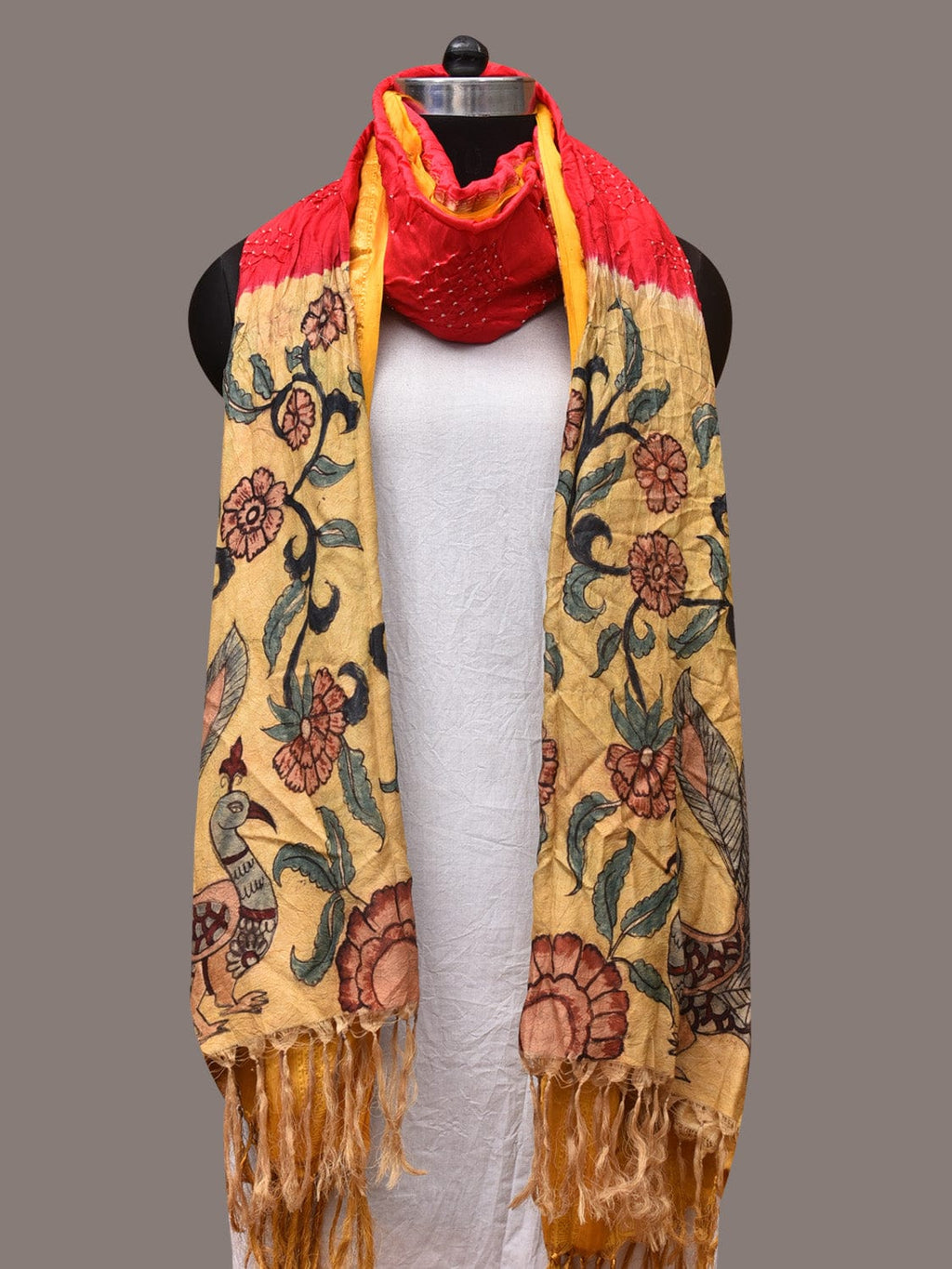 Red and Yellow Bandhani Kanchipuram Silk Handloom Dupatta with Kalamkari Design - Global Threads