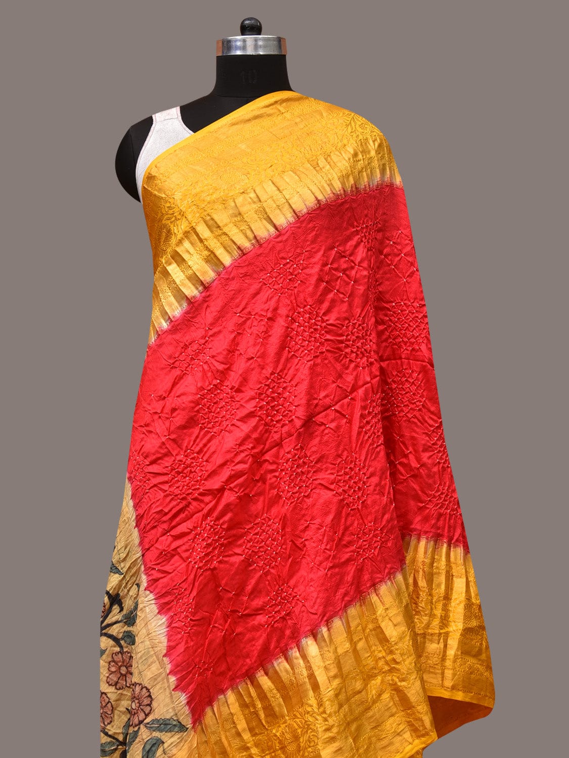 Red and Yellow Bandhani Kanchipuram Silk Handloom Dupatta with Kalamkari Design - Global Threads