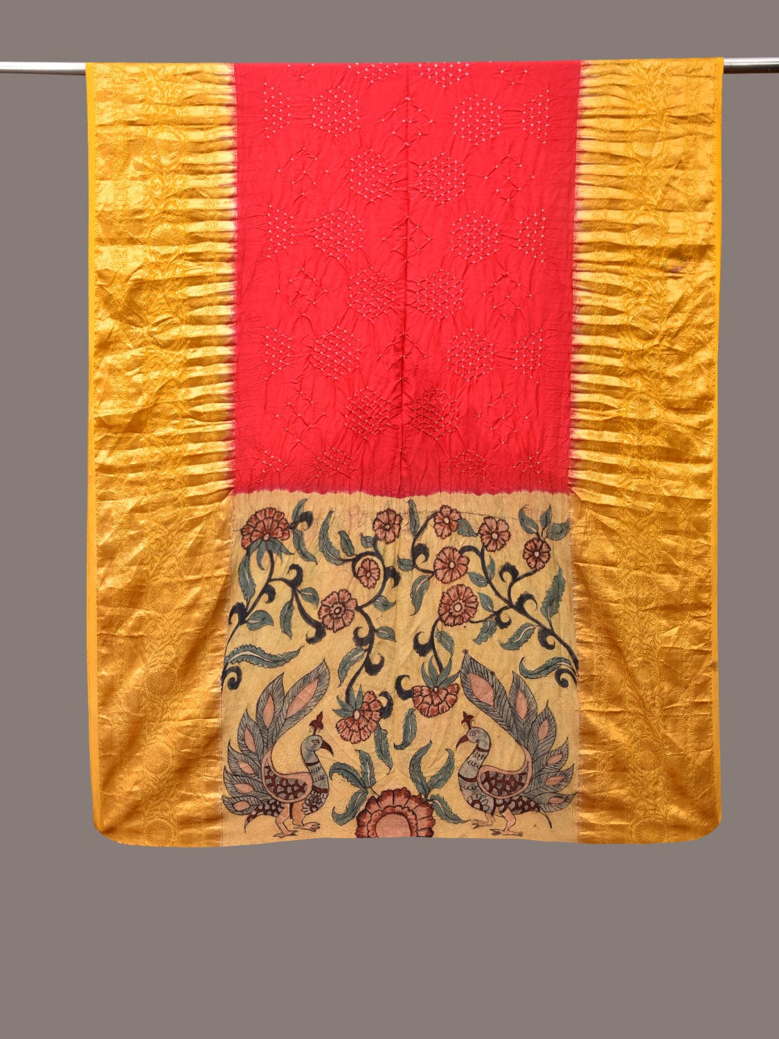 Red and Yellow Bandhani Kanchipuram Silk Handloom Dupatta with Kalamkari Design - Global Threads