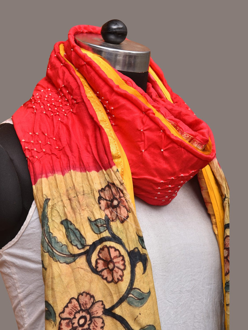 Red and Yellow Bandhani Kanchipuram Silk Handloom Dupatta with Kalamkari Design - Global Threads