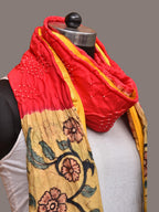 Red and Yellow Bandhani Kanchipuram Silk Handloom Dupatta with Kalamkari Design - Global Threads