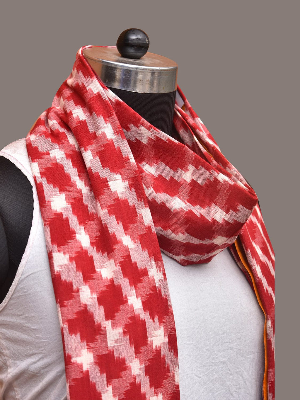Red and Yellow Pochamaplly Ikat Cotton Handloom Dupatta with Grill Design - Global Threads