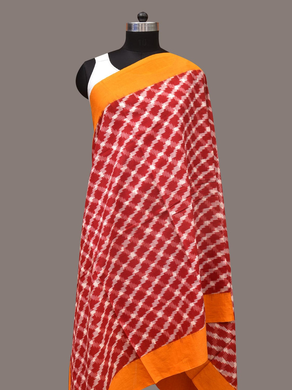 Red and Yellow Pochamaplly Ikat Cotton Handloom Dupatta with Grill Design - Global Threads