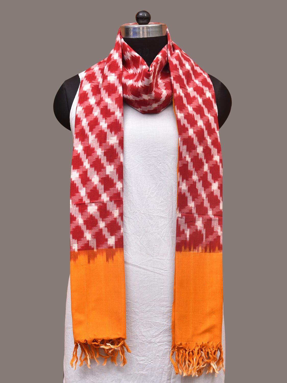 Red and Yellow Pochamaplly Ikat Cotton Handloom Dupatta with Grill Design - Global Threads