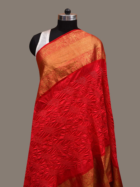 Red Bandhani Kanchipuram Silk Handloom Dupatta with Border Design - Global Threads