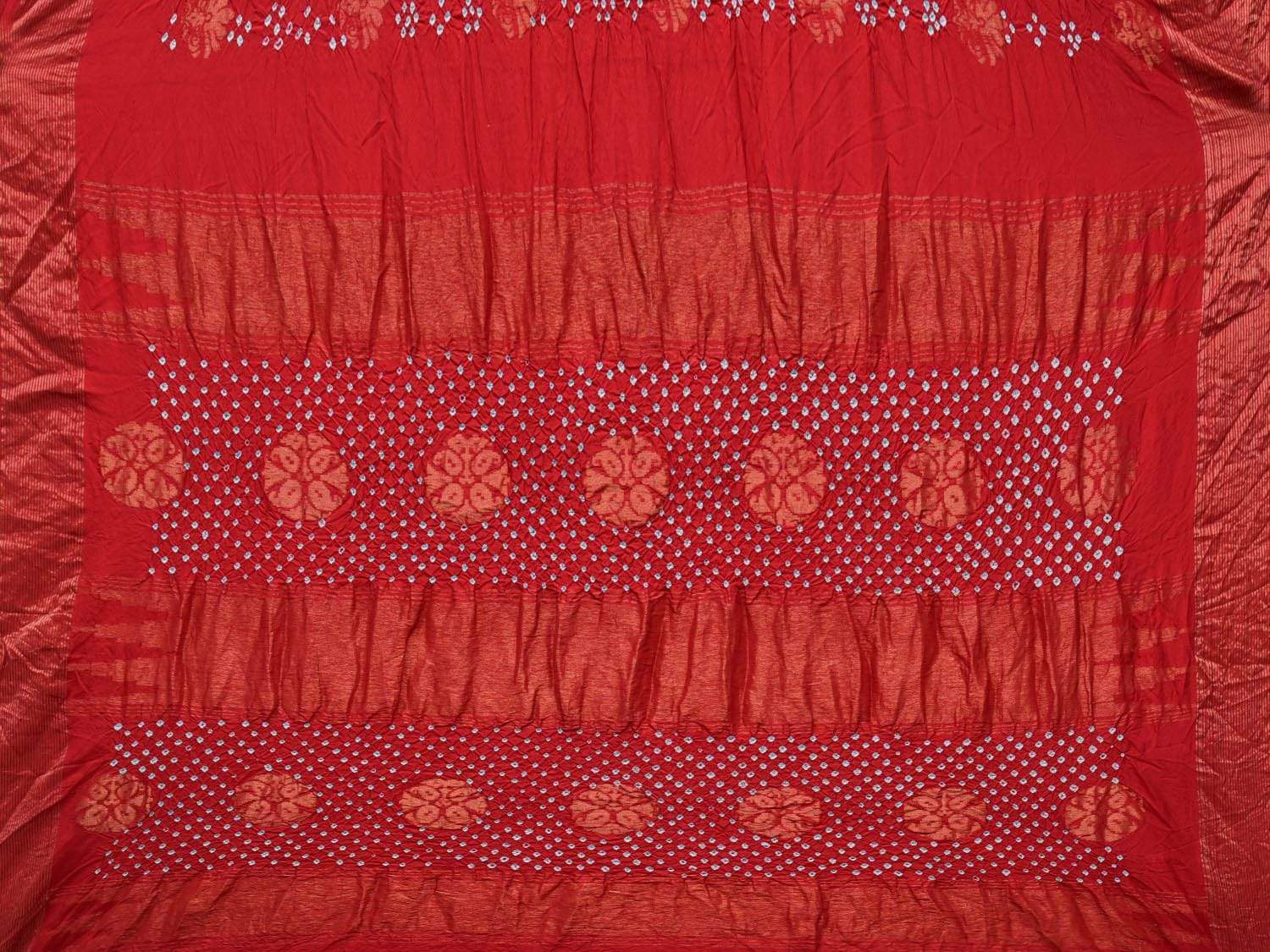 Red Bandhani Uppada Silk Handloom Saree with Nilambari Buta Design - Global Threads