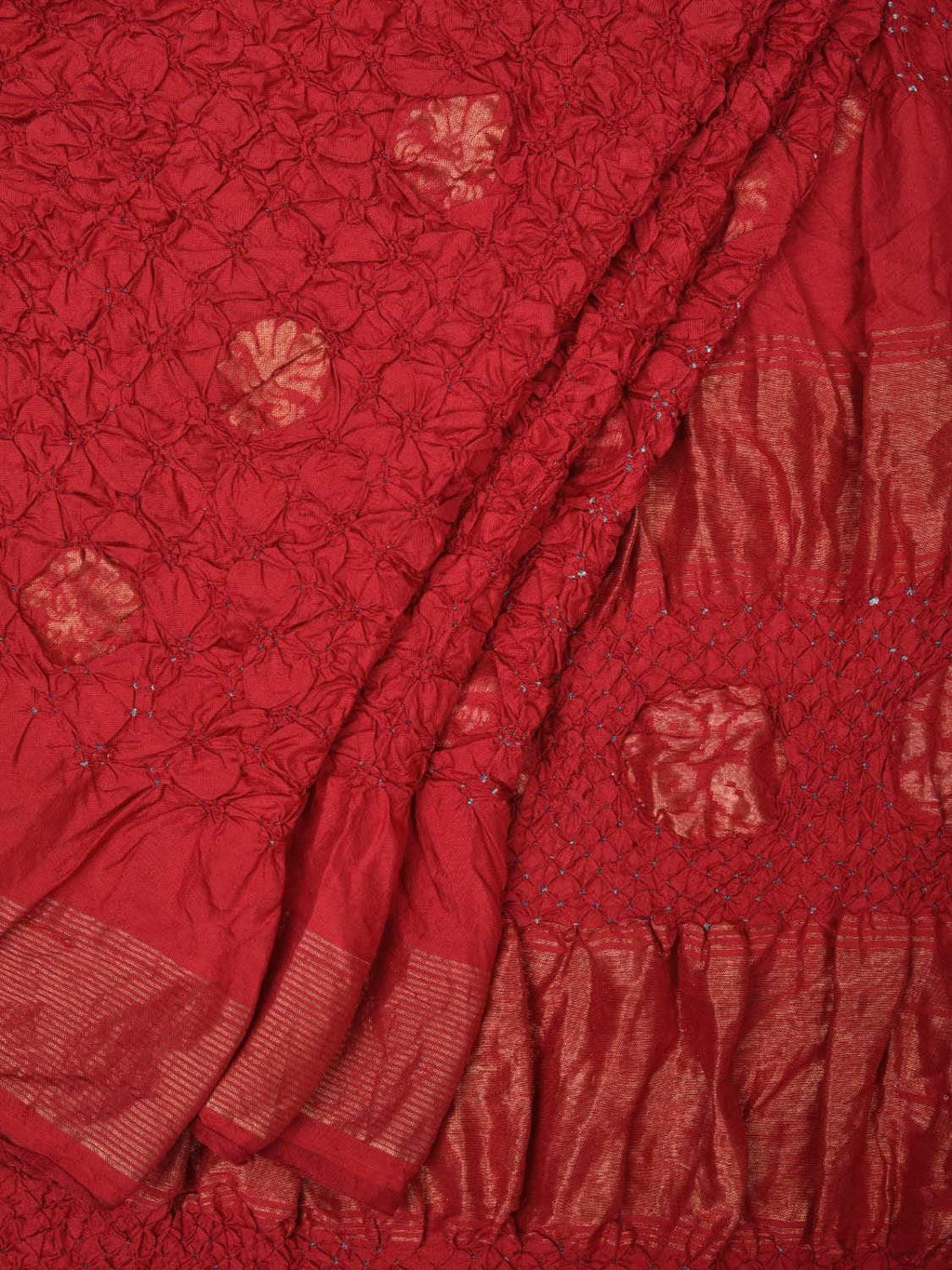 Red Bandhani Uppada Silk Handloom Saree with Nilambari Buta Design - Global Threads