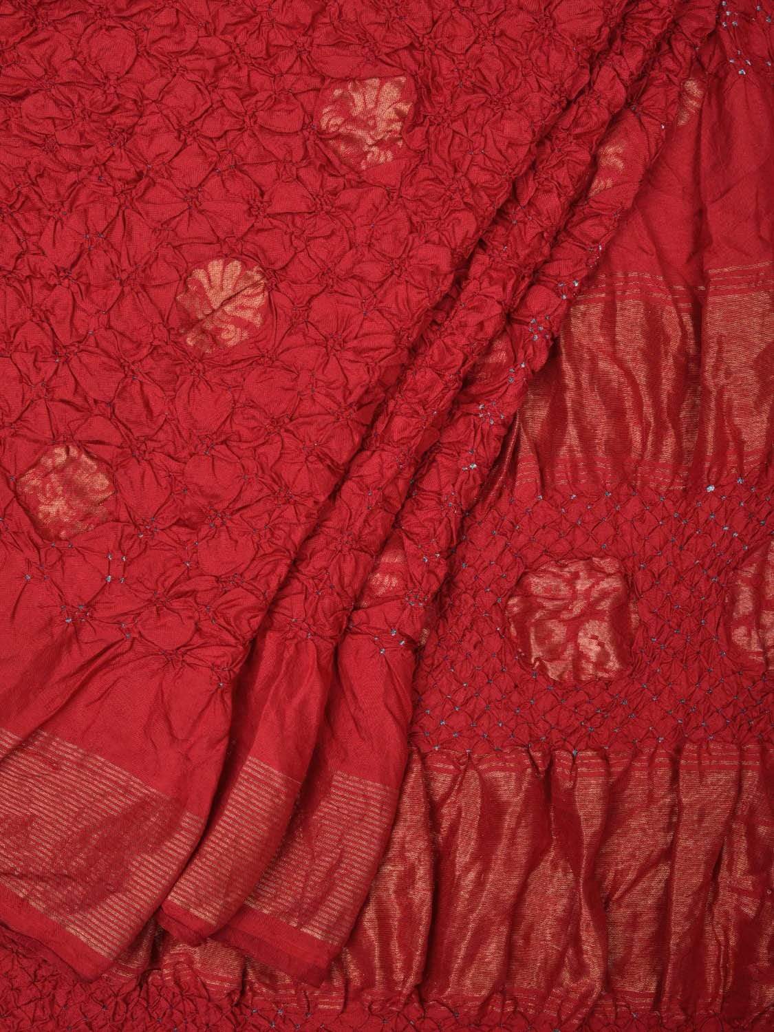 Red Bandhani Uppada Silk Handloom Saree with Nilambari Buta Design - Global Threads