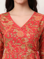 Yufta Red Cotton Anarkali Kurta With Dobby Dupatta Set
