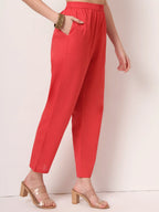 Yufta Red Cotton Anarkali Kurta With Dobby Dupatta Set