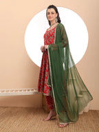 Yufta Red Cotton Long Sleeve Anarkali Kurta Dupatta Set - Distacart