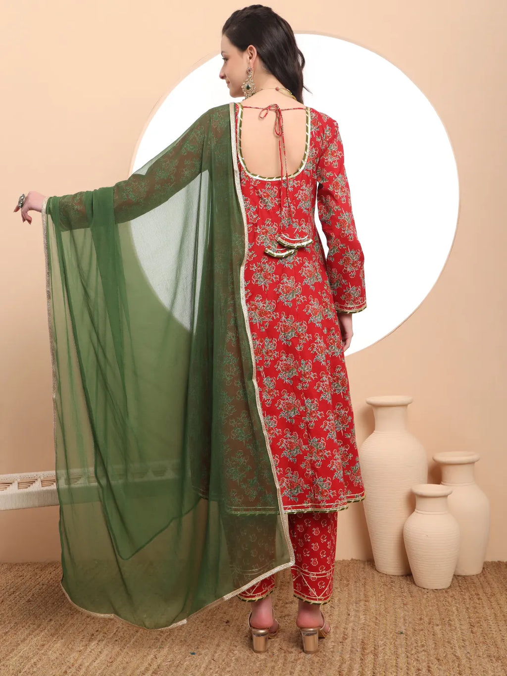 Yufta Red Cotton Long Sleeve Anarkali Kurta Dupatta Set - Distacart