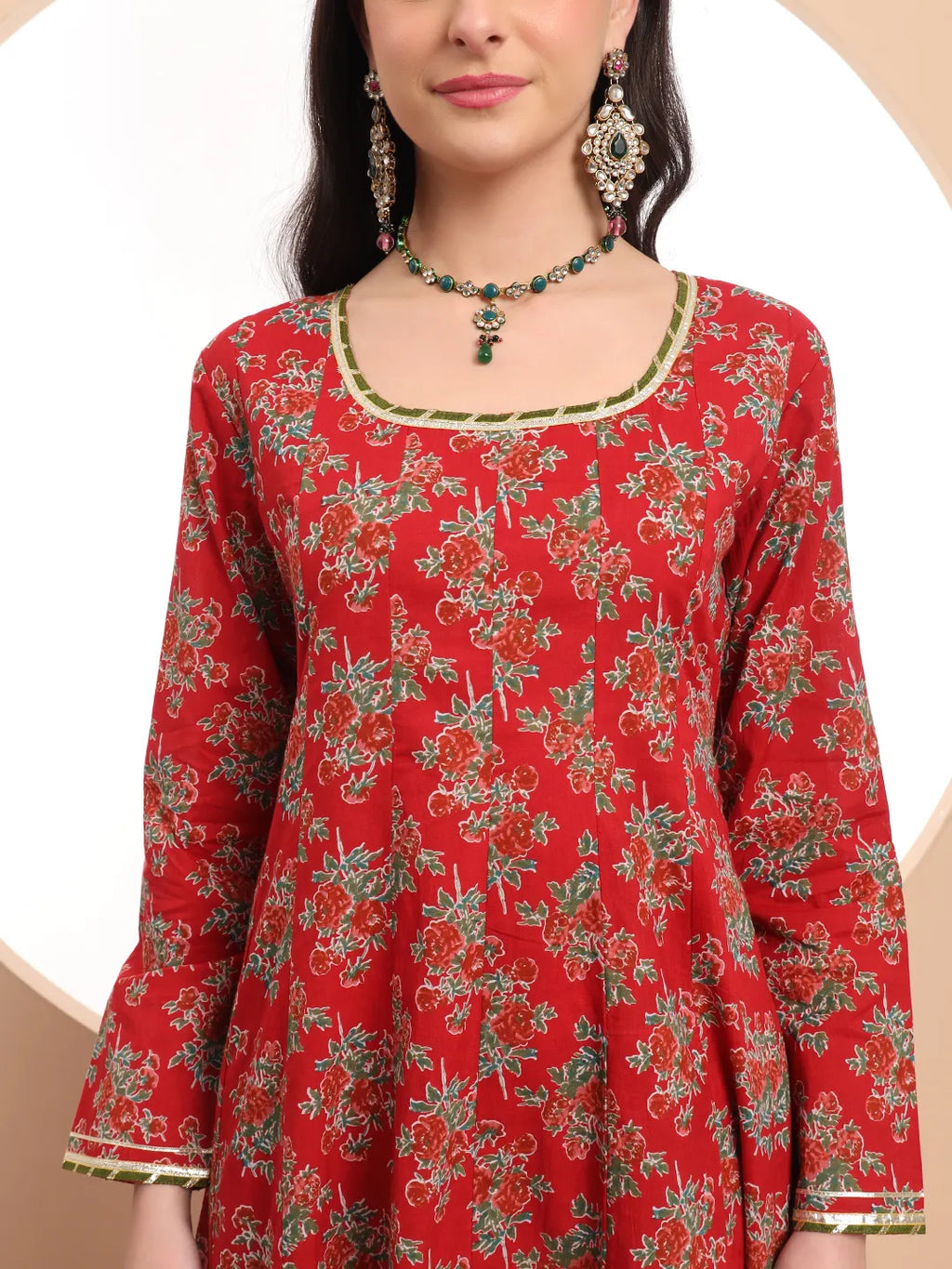 Yufta Red Cotton Long Sleeve Anarkali Kurta Dupatta Set - Distacart