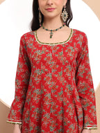 Yufta Red Cotton Long Sleeve Anarkali Kurta Dupatta Set - Distacart