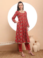 Yufta Red Cotton Long Sleeve Anarkali Kurta Dupatta Set - Distacart