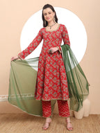 Yufta Red Cotton Long Sleeve Anarkali Kurta Dupatta Set - Distacart