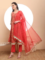 Yufta Red Cotton Sleeveless Anarkali Kurta Dupatta Set