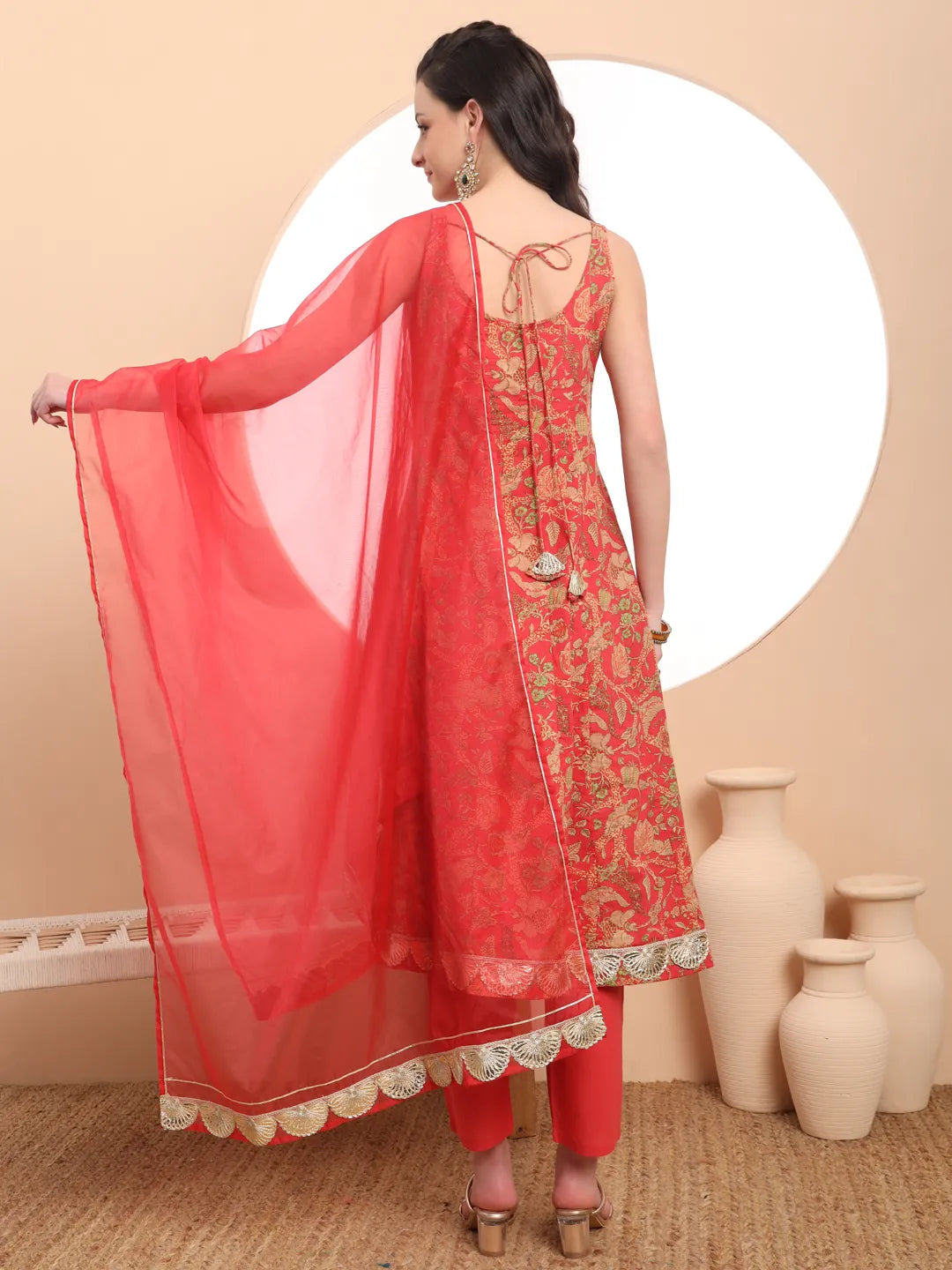 Yufta Red Cotton Sleeveless Anarkali Kurta Dupatta Set