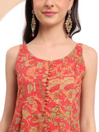 Yufta Red Cotton Sleeveless Anarkali Kurta Dupatta Set