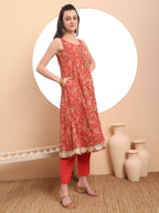 Yufta Red Cotton Sleeveless Anarkali Kurta Dupatta Set
