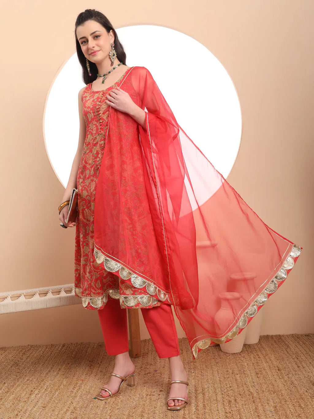 Yufta Red Cotton Sleeveless Anarkali Kurta Dupatta Set
