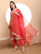 Yufta Red Cotton Sleeveless Anarkali Kurta Dupatta Set