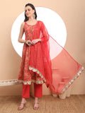 Yufta Red Cotton Sleeveless Anarkali Kurta Dupatta Set
