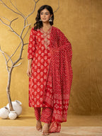 Yufta Red Cotton Zari Work Straight Kurta Dupatta Set