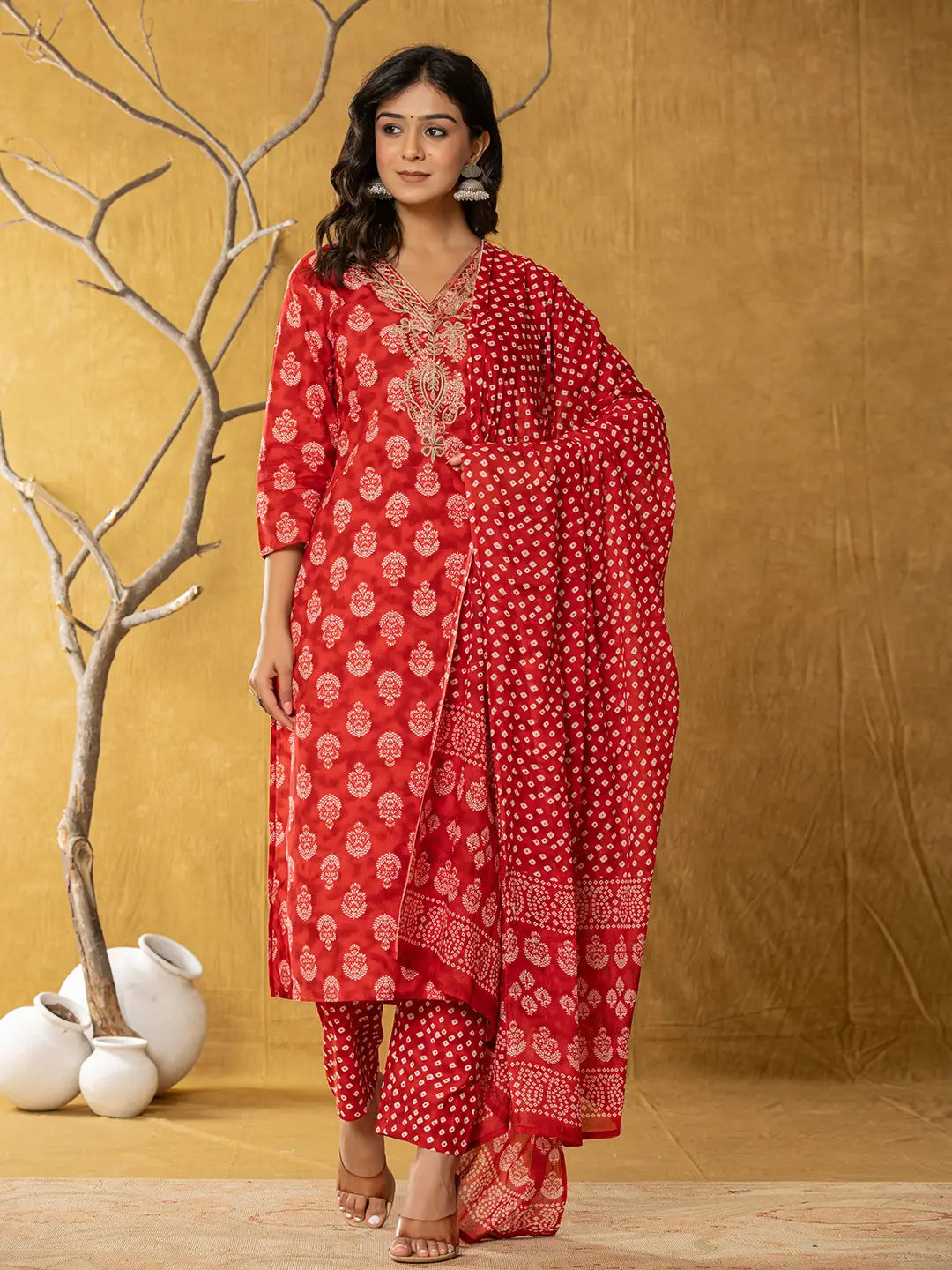 Yufta Red Cotton Zari Work Straight Kurta Dupatta Set