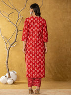 Yufta Red Cotton Zari Work Straight Kurta Dupatta Set