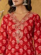 Yufta Red Cotton Zari Work Straight Kurta Dupatta Set