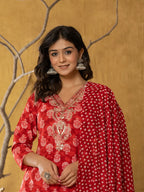 Yufta Red Cotton Zari Work Straight Kurta Dupatta Set