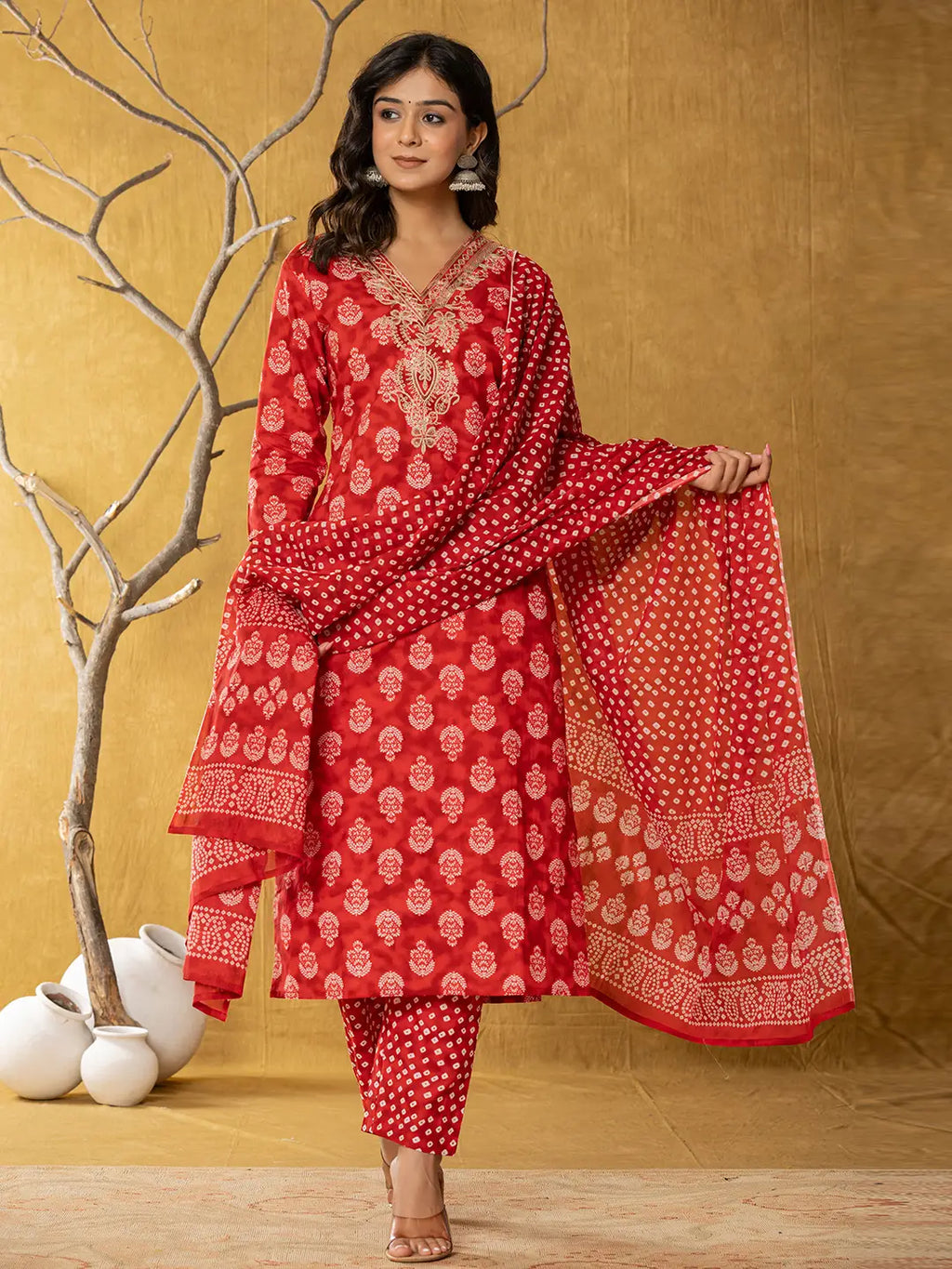 Yufta Red Cotton Zari Work Straight Kurta Dupatta Set