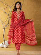 Yufta Red Cotton Zari Work Straight Kurta Dupatta Set