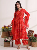 Yufta Red Ethnic Motifs Lace Work Anarkali Kurta And Trouser With Dupatta Set - Distacart