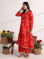 Yufta Red Ethnic Motifs Lace Work Anarkali Kurta And Trouser With Dupatta Set - Distacart