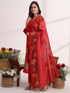 Yufta Red Floral Lace Work Straight Kurta And Trouser With Dupatta Set