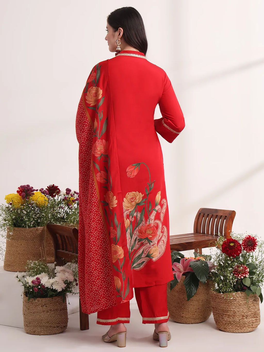 Yufta Red Floral Lace Work Straight Kurta And Trouser With Dupatta Set