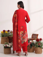Yufta Red Floral Lace Work Straight Kurta And Trouser With Dupatta Set