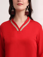 Yufta Red Floral Lace Work Straight Kurta And Trouser With Dupatta Set